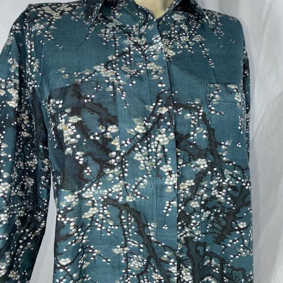 Peruvian Connection Silk Cotton Voile Button Down Shirt L Blue Floral Branch Pri - Picture 3 of 13